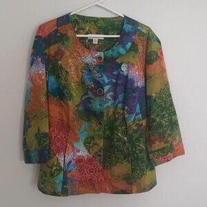 COLDWATER CREEK WOMEN'S JACKET MULTI COLOR ART TO WEAR 3/4 SLEEVE BUTTON UP 18